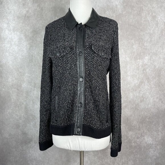 Rag & Bone Black Leather Trim Button Down Knit Shirt Jacket Women's Size M - Picture 2 of 10